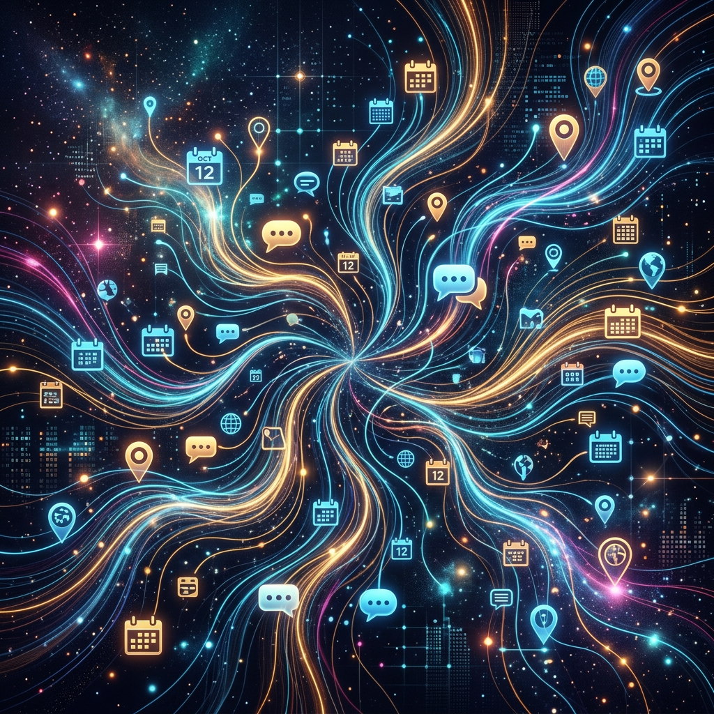 Network of glowing streams with chat bubbles, calendar, and location icons