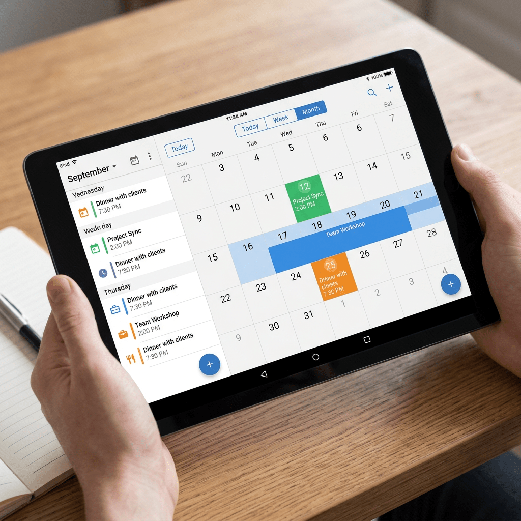 Tablet displaying September calendar with events like Dinner with clients, Project Sync, and Team Workshop