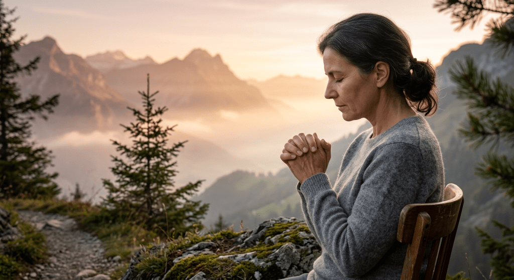 Woman sitting on chair with eyes closed and hands clasped in a mountain setting at sunrise