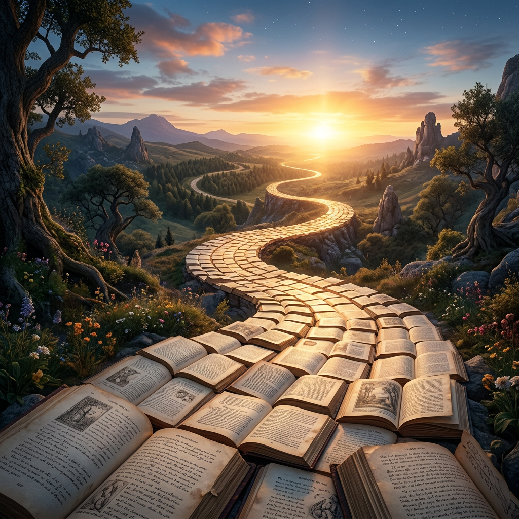 Curved pathway of open books leading through a forested landscape at sunset